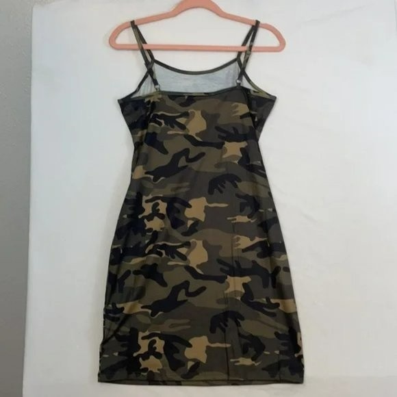 Lucky & Blessed Mini Dress, Spaghetti Straps, Green Tan & Black Camo, NWT Small - Picture 8 of 8